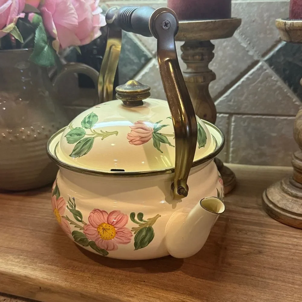 Franciscan Pink Floral Enamel Teapot with Wooden Handle
